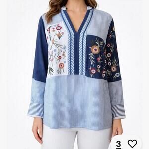 Chico's Cotton Patchwork Top Blue White V-neck Size 16/18 Floral Embroidery Boho